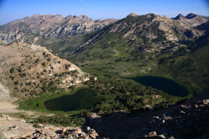 The view from Lake Peak:Looking down on Castle and Favre Lakes,with Ruby Dome on the far left