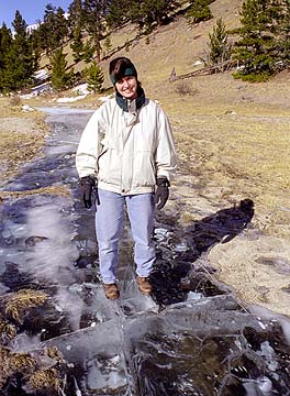 Andra on a frozen creek in Beaver Meadows